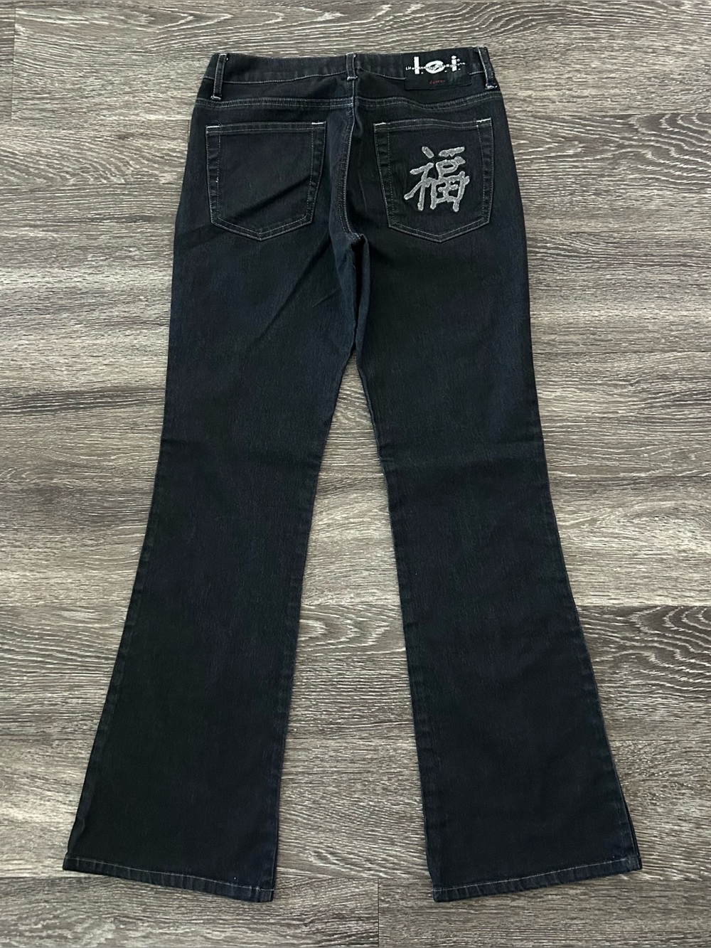 Vintage 90s Y2K Lei Flare Jeans Size 5 Embroidered Pocket Chinese Symbol Asian